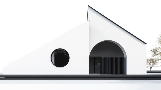 Modern minimalist architecture with dynamic geometric forms on transparent setting