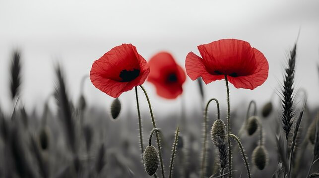 Red Poppies in Monochrome Field, Floral Photography, Nature Poppy, Monochrome