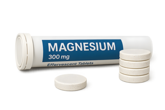 A tube of effervescent magnesium tablets with some tablets stacked beside it. Concept Magnesium Benefits, Effervescent Tablet Features, Health Supplements, Fitness and Nutrition