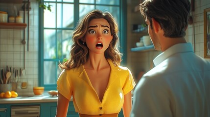 A surprised woman in a kitchen