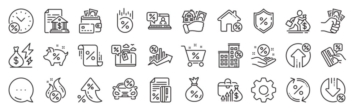 Loan line icons. Settings gear, Message, Inflation icons. Set of Investment, Interest rate and Percentage diagram linear icons. Car leasing, analytics plan, Credit card percent and loan rate. Vector