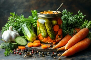 Jarred pickles, carrots, and herbs arrangement