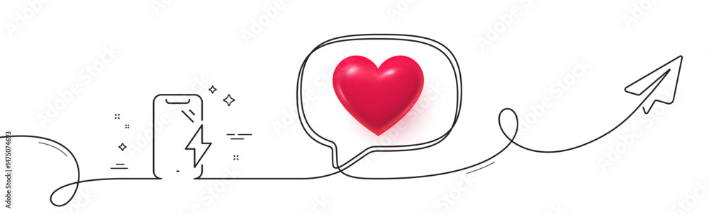 Poster smartphone charging line icon. continuous line with share plane. phone charge sign. mobile device en