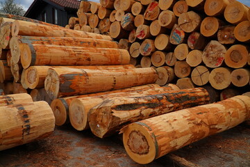 Freshly felled, heavy beech logs from the Reinhardswald, which have already been peeled of the outer bark for further processing, in a sawmill in the state of Hesse, Germany.