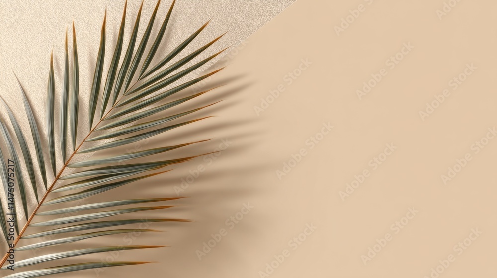 Poster a palm leaf gracefully lays across a beige minimalistic background, highlighting the beauty of natur