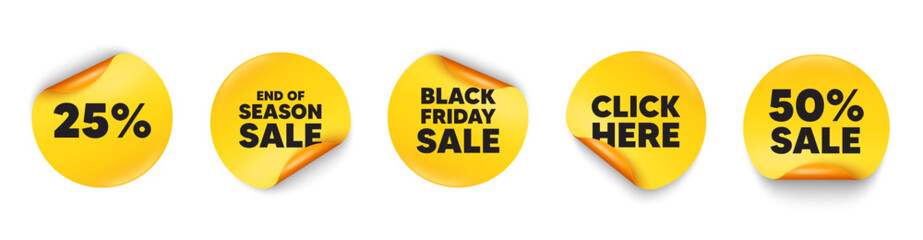 Discount sticker tag. 50 percent discount, Black friday paper price banners. 25 percent off sale tag. Discount offer price sign. Special offer symbol. Click here sticker. Vector