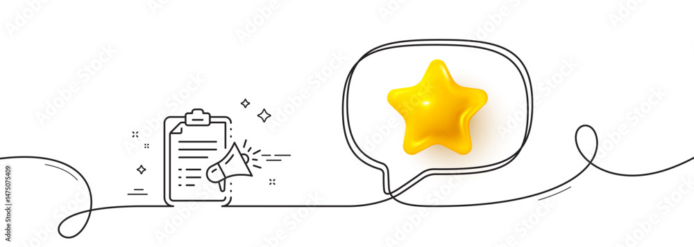Poster megaphone checklist line icon. continuous line with 3d star. advertisement device symbol. brand amba