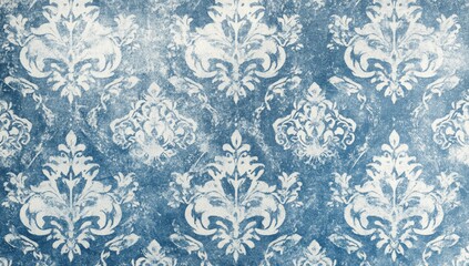 Vintage, distressed damask pattern in muted blue and white.  Intricate floral motifs repeat over a slightly aged, textured background