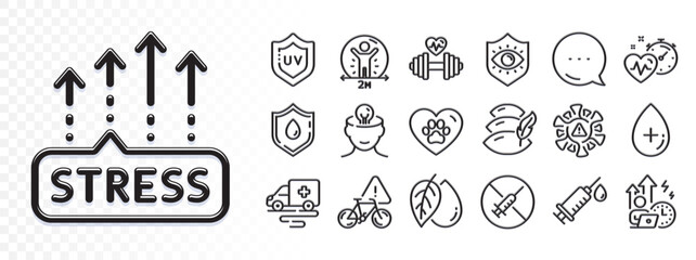 Stress grows, Eye protection and Cardio training line icons for web app. Glare of light effect. Message icon. Pack of Pets care, Pillow, No vaccine pictogram icons. Vector