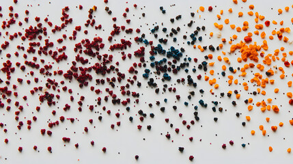 A vibrant and detailed shot of Nigella seeds spread across a white surface, each seed distinct in shape and texture.