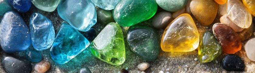 Sea Glass Beach Stones Colorful Polished Gems on Sand, sea glass, beach stones