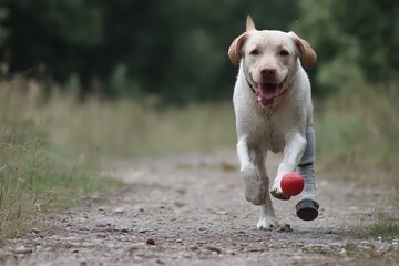 Dog wearing leg brace playing fetch symbolizing pet insurance recovery active life  
