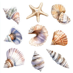 Cute cartoon watercolor A collection of beautiful shell