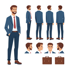  Business man. Character constructor for animation. Front, side and back view set. Body parts, postures, poses collection. Vector illustration.