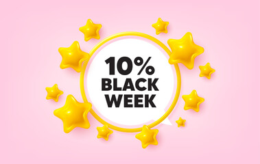 Black week frame banner. Speech bubble offer. Black week 10 percent sale. Special discount sign. Black friday offer symbol. 3d stars glitter tag. Golden frame banner. Vector