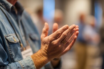 Individual with hand gesture gratitude for addiction recovery leadership recognition  
