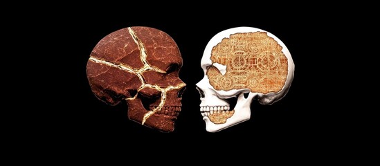 Two skulls, one cracked and aged, the other detailed and intricate, face each other