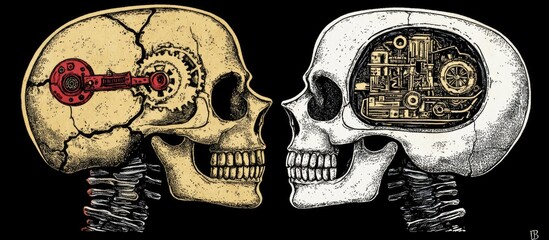 Two skulls, one with mechanical gears, the other with intricate circuitry, face each other, symbolic of the contrast between natural and artificial intelligence