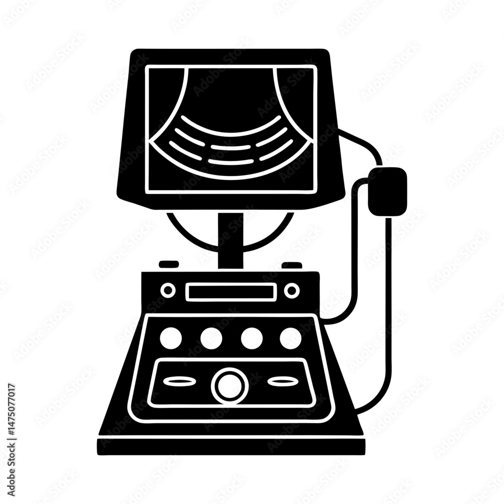 Poster illustration of a black ultrasound machine with a screen displaying curved lines and control panel b