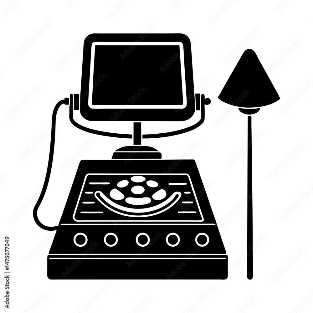 Poster black and white medical device with screen and buttons for examination in a laboratory setting seen 