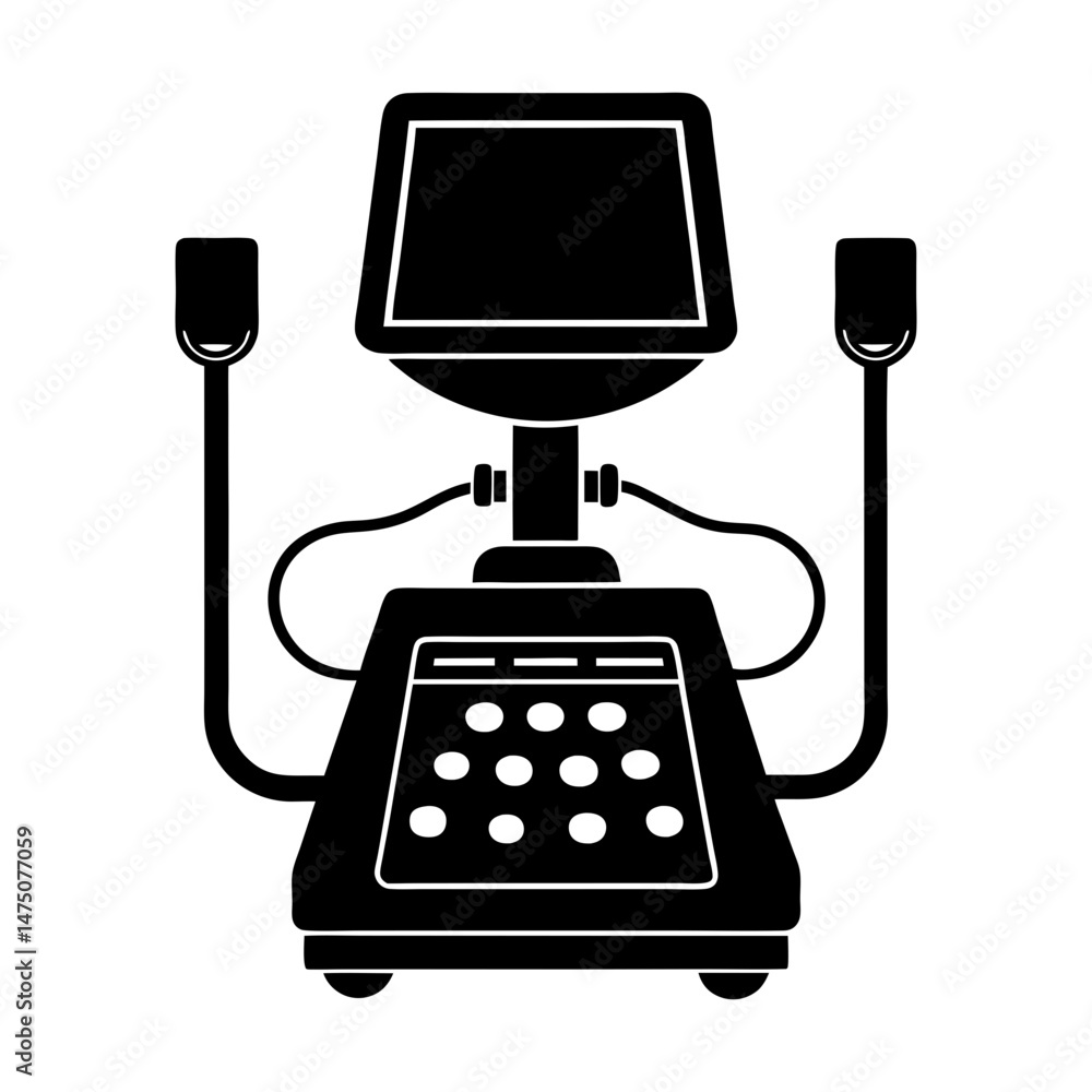 Poster silhouette of a complex medical device with screen and multiple sensors on a solid black background