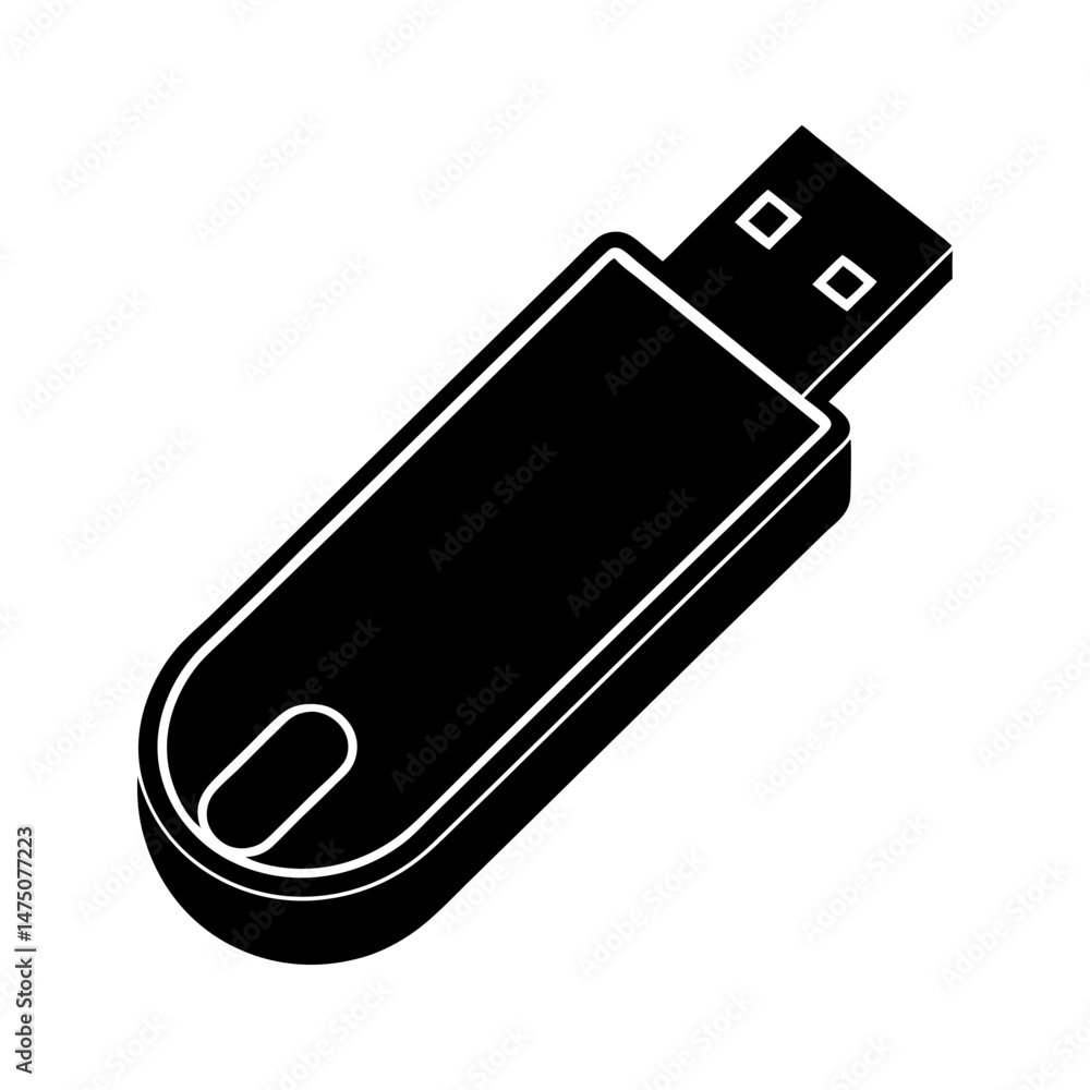 Poster illustration of a black usb flash drive with a rectangular body and rounded edge on a white backgrou