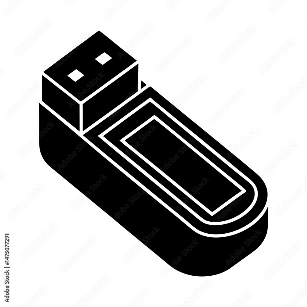 Poster isometric view of a black usb drive with a rectangular opening and two small white squares on top