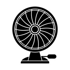 Illustration of a black desk fan with circular grill and base with a small foot pedal on the right
