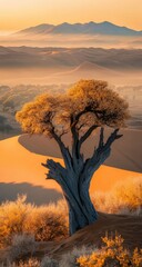 Desert sunrise, lone tree on dune.  Misty mountains in background, golden light