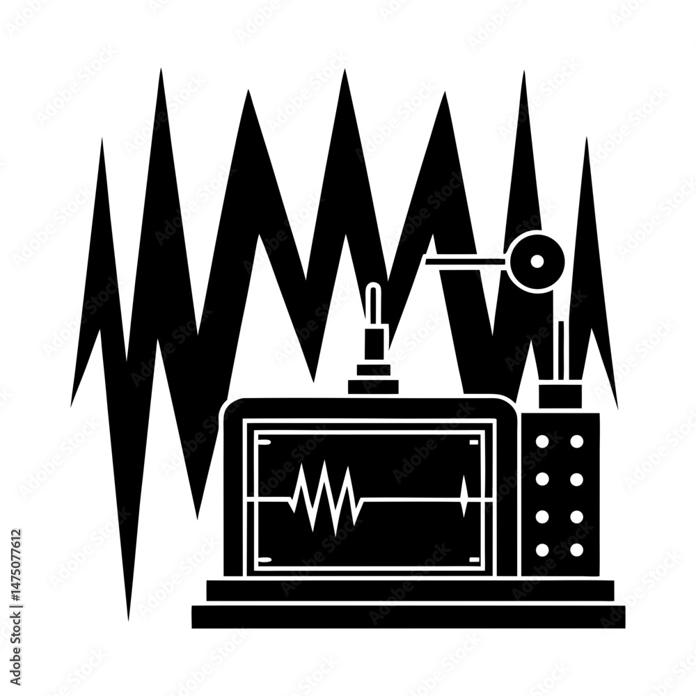 Poster oscilloscope displaying a waveform with sharp jagged lines in the background in black and white