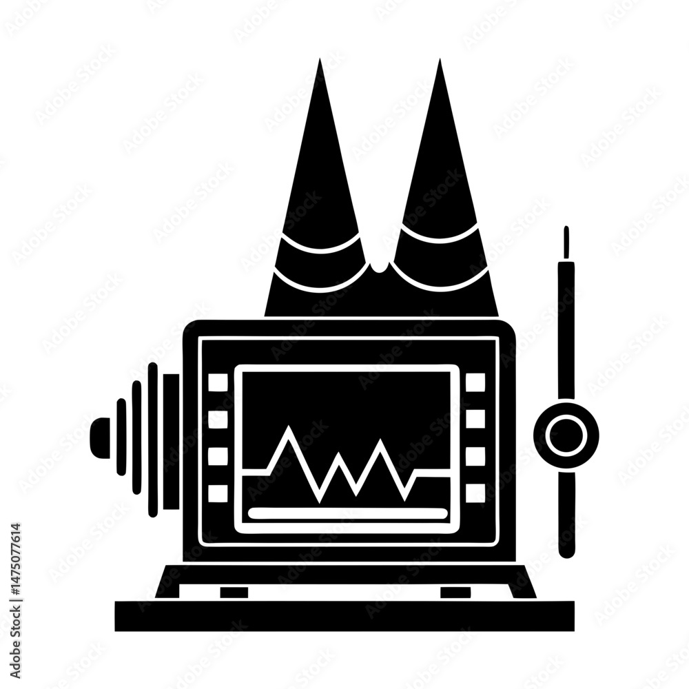 Poster illustration of a medical device with a screen displaying a waveform and two vertical cones behind i