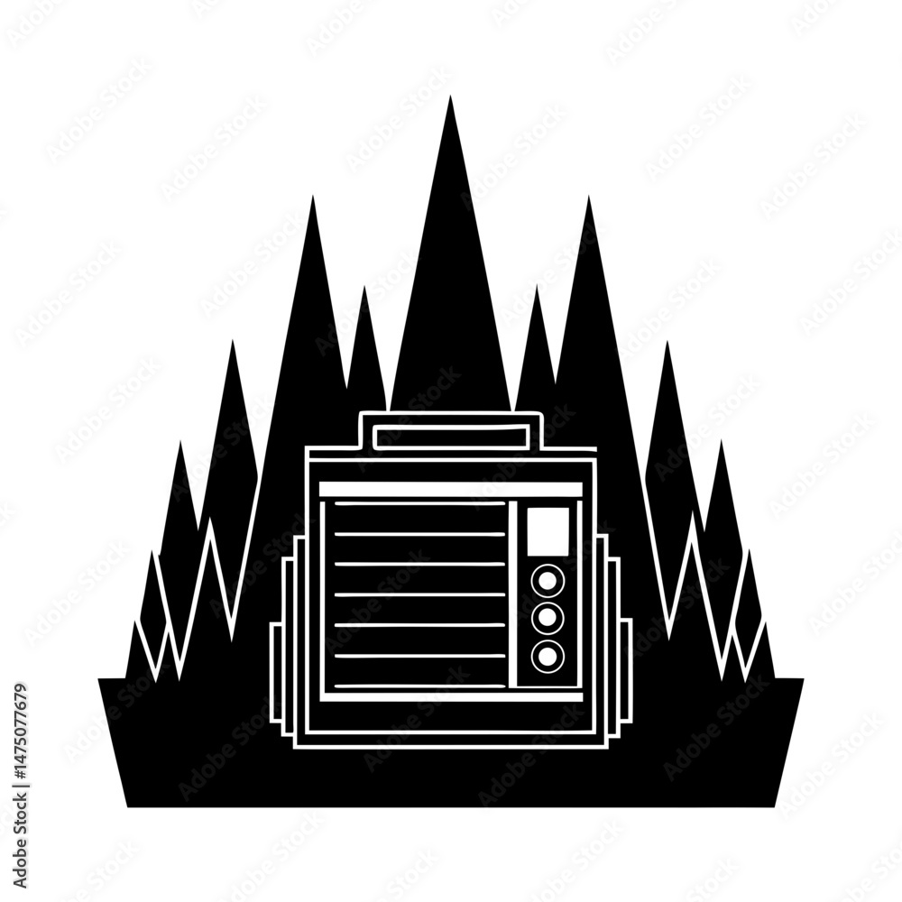 Aufkleber stylized black and white illustration of a building with sharp peaks in the background design elemen