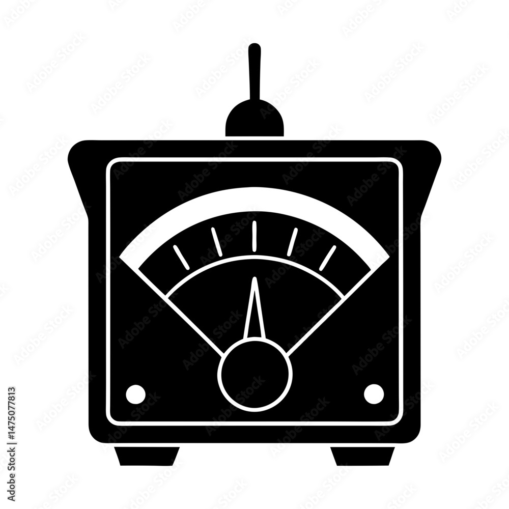 Poster illustration of a black analog meter with an indicator needle and a square frame design element