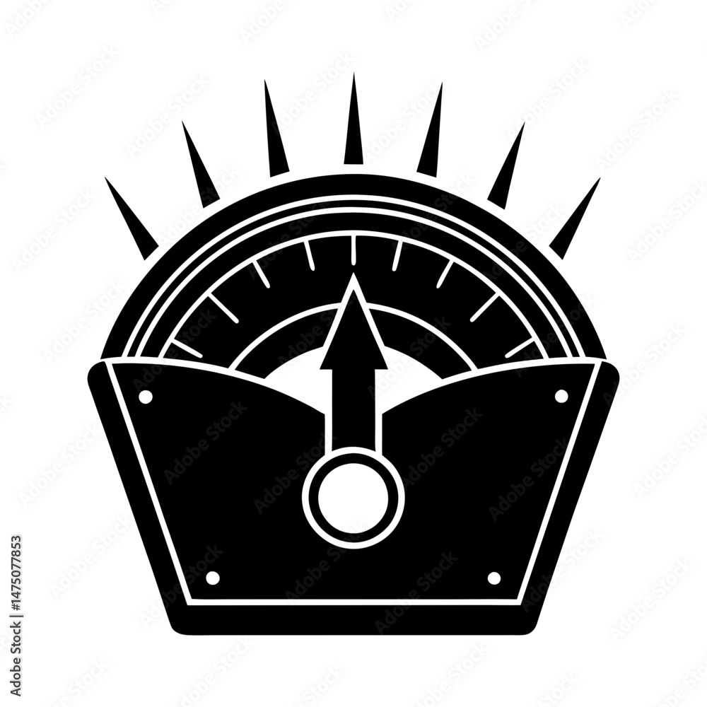 Poster black and white gauge with upward pointing arrow and spiked semi circle design on the top edge