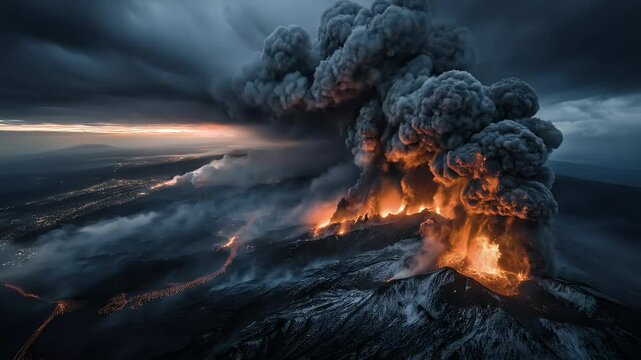 Volcano eruption aerial view
