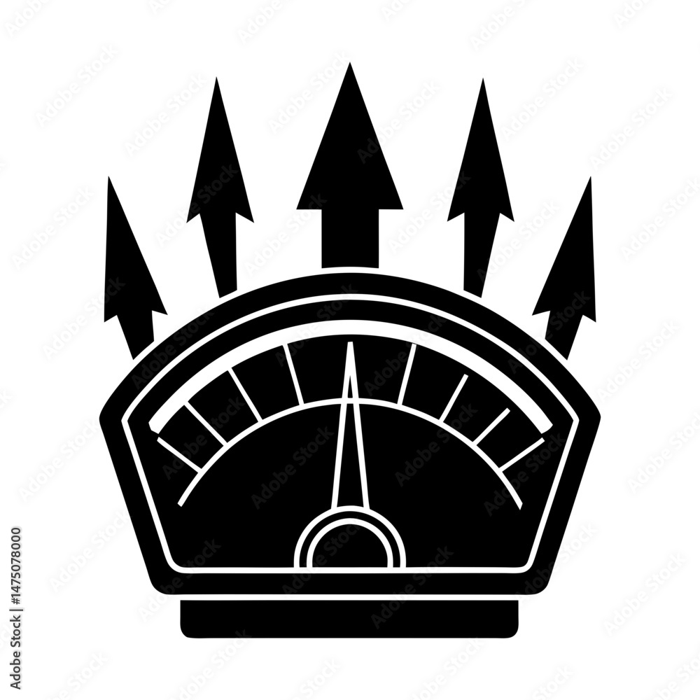 Poster illustration of a speedometer with an arrow pointing upwards indicating an increase in speed or perf