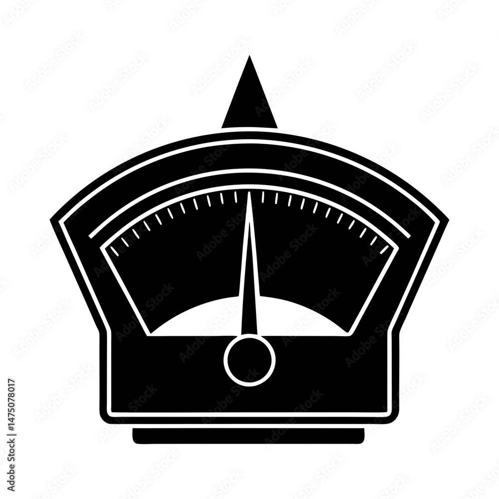 Poster illustration of a black scale with a needle pointing upwards and a triangular top piece design eleme