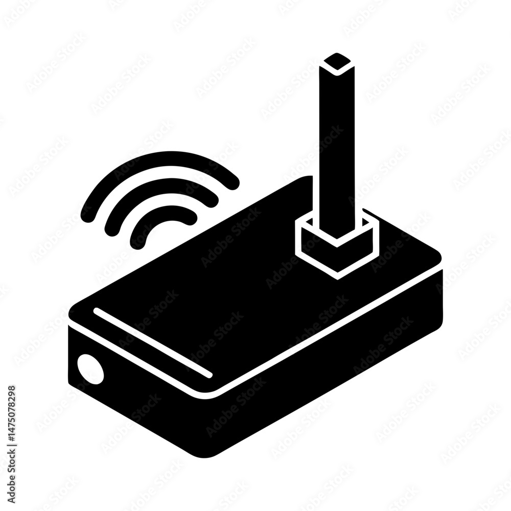 Poster isometric black router with antenna emitting wifi signal on a white isolated background design vecto