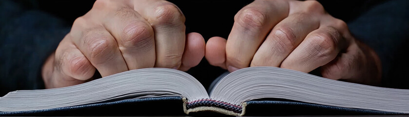 Closeup hands forcefully closing book in frustration, tension visible, emotional stress, focus on fingers and book pages