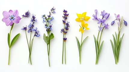 Spring Flower Flatlay Lavender, Daffodil, Scilla, Floral Arrangement Spring flowers, flatlay photography