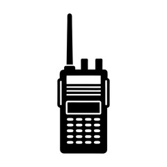 Illustration of a black walkie talkie with antenna and buttons on a white background communication device