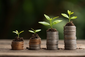 Coins and seedlings for sustainable profitability in business image  
