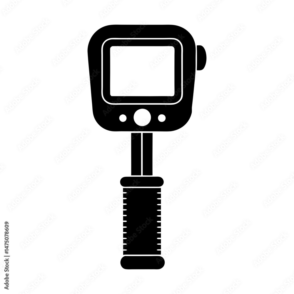 Poster illustration of a handheld device with a screen and a grip in black and white simple design style