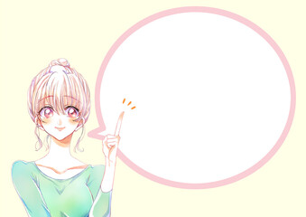 人差し指をさして話すお団子頭の女性　吹き出し