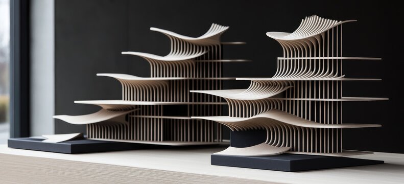 Complex architectural model, layered organic forms, light beige