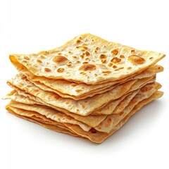Assortment of freshly baked flatbreads and crackers including naan lavash roti and tortillas stacked and arranged on a plain white background  This image showcases a variety of traditional
