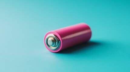 Pink alkaline battery on blue background, close-up view, thing, backdrop .