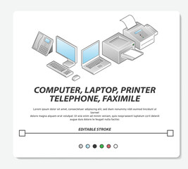 Set computer office with laptop printer telephone faxmile