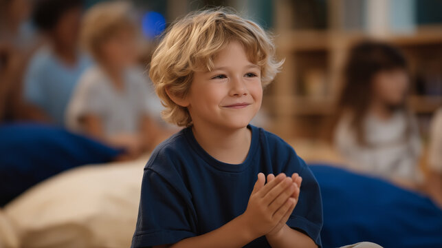 Child enjoying playtime clapping hands in a cozy playroom - Powered by Adobe
