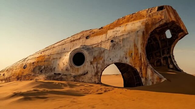 Abandoned rusted shipwreck lies eerily in vast golden desert sands.
